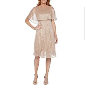 Danny & Nicole Metallic Blush Gold Shimmer Dress Size 8 Fit & Flare Cape Overlay